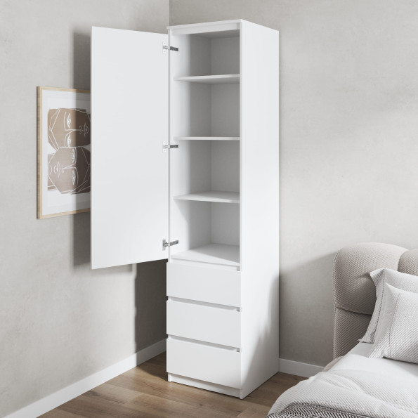 Шафа пенал для одягу з полицями та 3 висувними шухлядами ЛДСП бетон з білими фасадами без ручок -
                                                        Фото 2