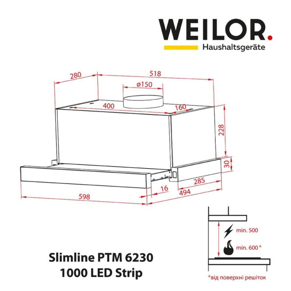 Вытяжка кухонная WEILOR Slimline PTM 6230 SS 1000 LED strip -
                                                        Фото 2