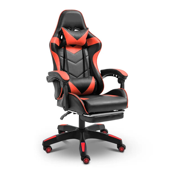 Геймерське крісло з підставкою для ніг з подушками червоне