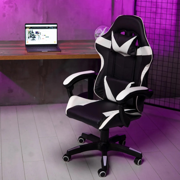 Геймерське крісло з подушками для ПК біле -
                                                        Фото 2