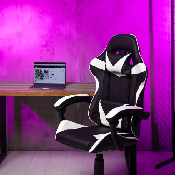 Геймерське крісло з подушками для ПК біле -
                                                        Фото 3