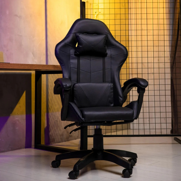 Геймерське крісло з подушками для ПК чорне -
                                                        Фото 2