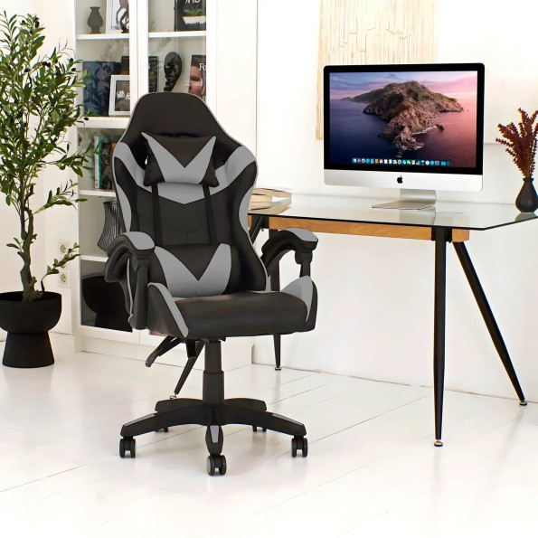 Геймерское кресло для пк с подушками раскладное серое -
                                                        Фото 2