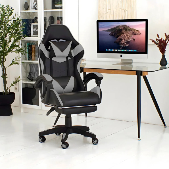 Геймерське крісло з підставкою для ніг із подушками сіре -
                                                        Фото 2