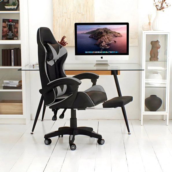 Геймерське крісло з підставкою для ніг із подушками сіре -
                                                        Фото 3