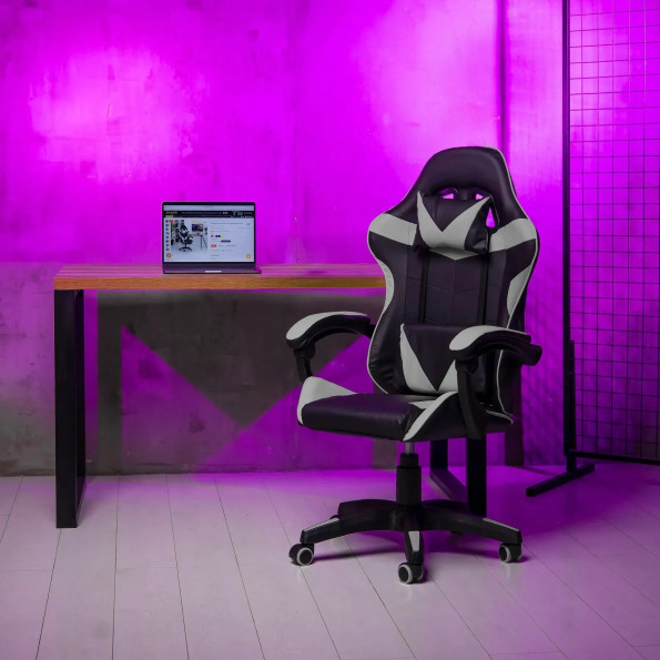 Геймерське крісло з подушками для ПК вдома сіре -
                                                        Фото 2