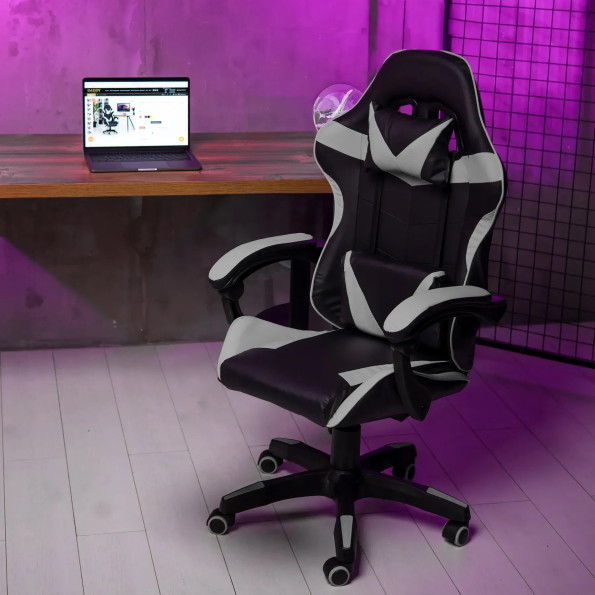 Геймерське крісло з подушками для ПК вдома сіре -
                                                        Фото 4