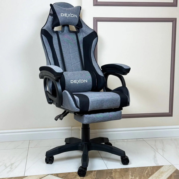 Геймерське крісло з підставкою для ніг із тканини темно-сіре -
                                                        Фото 2