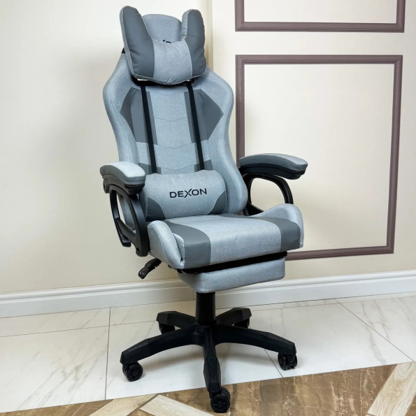 Геймерське крісло з підставкою для ніг з екошкіри та тканини для пк сіре -
                                                        Фото 2