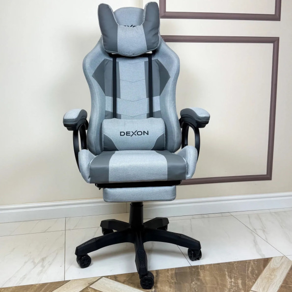 Геймерське крісло з підставкою для ніг з екошкіри та тканини для пк сіре -
                                                        Фото 3