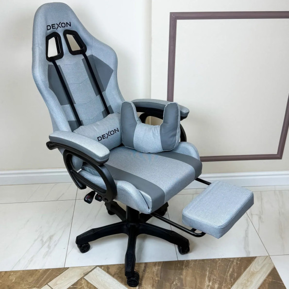 Геймерське крісло з підставкою для ніг з екошкіри та тканини для пк сіре -
                                                        Фото 4
