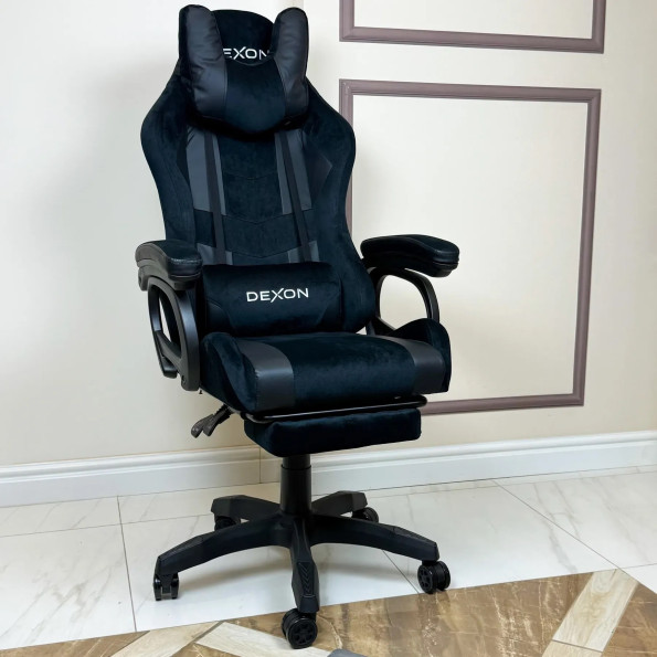 Геймерське крісло з підставкою для ніг з екошкіри та велюру для пк чорне -
                                                        Фото 2