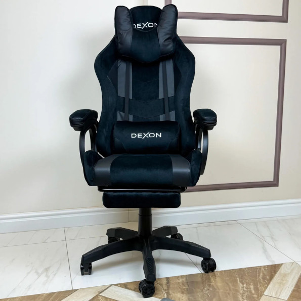 Геймерське крісло з підставкою для ніг з екошкіри та велюру для пк чорне -
                                                        Фото 3