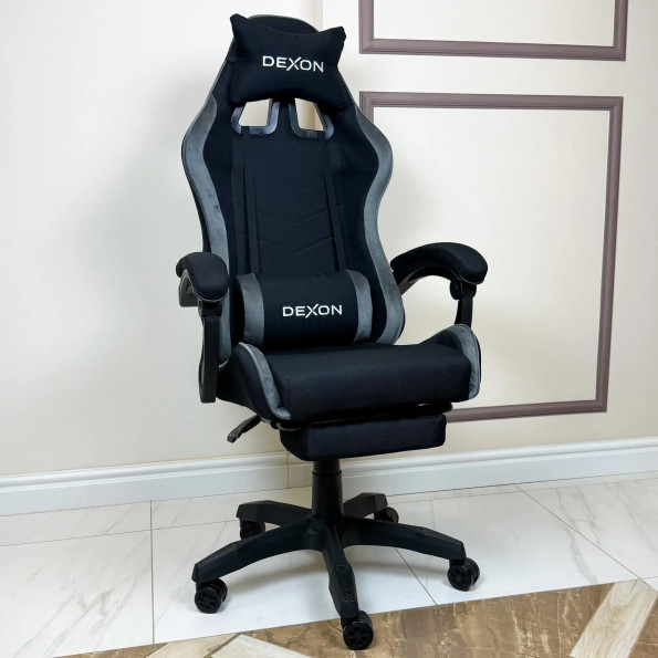 Геймерське крісло з підставкою для ніг з тканини та велюру для пк темно-сіре -
                                                        Фото 2