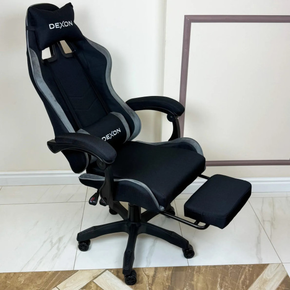 Геймерське крісло з підставкою для ніг з тканини та велюру для пк темно-сіре -
                                                        Фото 4