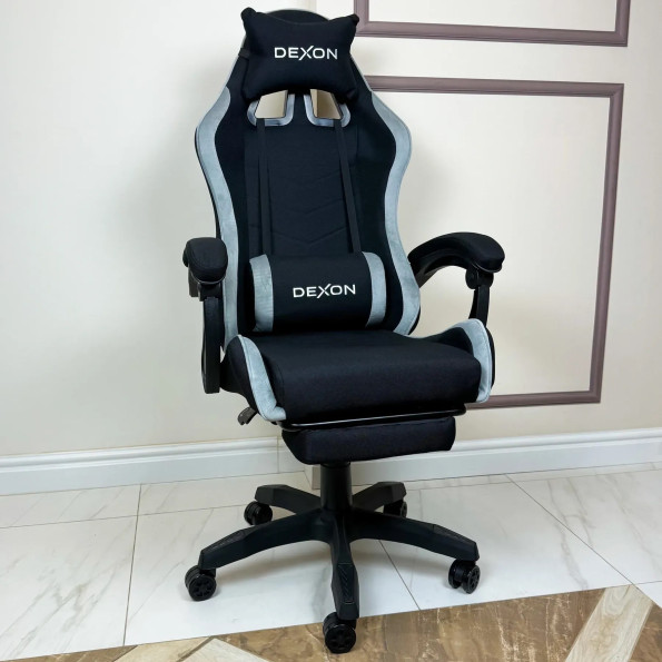 Геймерське крісло з підставкою для ніг з тканини та велюру для пк сіре -
                                                        Фото 2