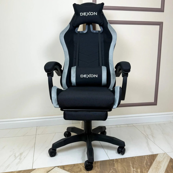 Геймерське крісло з підставкою для ніг з тканини та велюру для пк сіре -
                                                        Фото 3