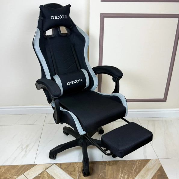 Геймерське крісло з підставкою для ніг з тканини та велюру для пк сіре -
                                                        Фото 4