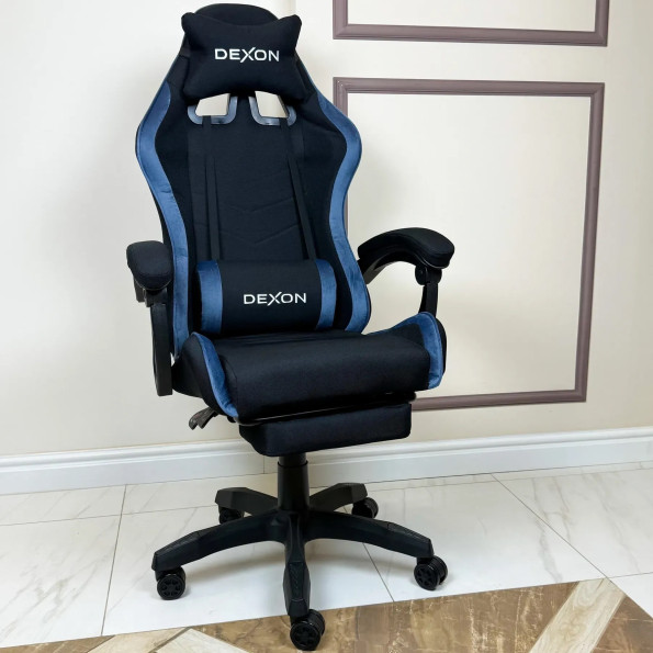 Геймерське крісло з підставкою для ніг з тканини та велюру для пк синє -
                                                        Фото 2