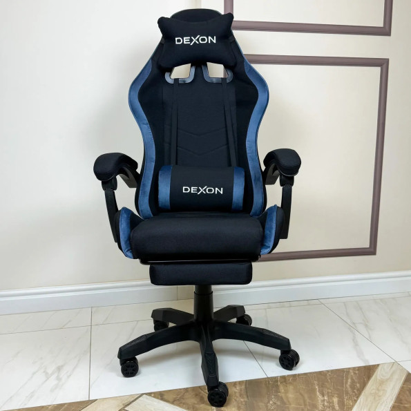 Геймерське крісло з підставкою для ніг з тканини та велюру для пк синє -
                                                        Фото 3