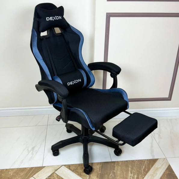 Геймерське крісло з підставкою для ніг з тканини та велюру для пк синє -
                                                        Фото 4