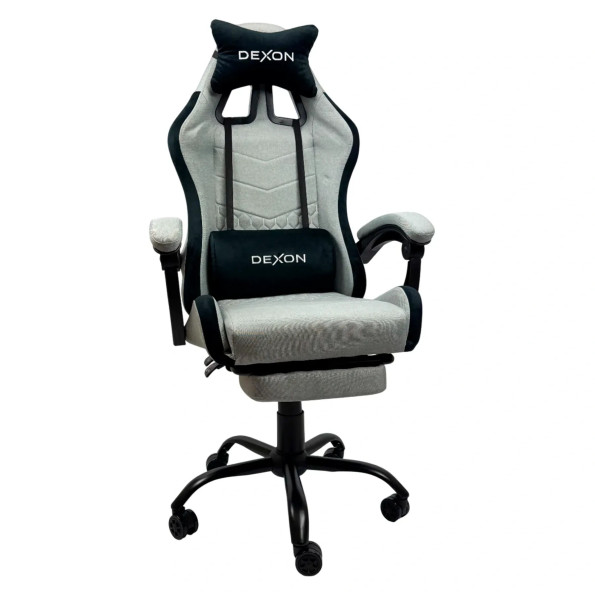 Геймерське крісло з підставкою для ніг з тканини та велюровими подушками сіре