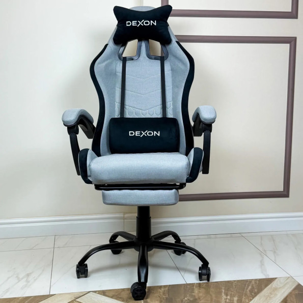 Геймерське крісло з підставкою для ніг з тканини та велюровими подушками сіре -
                                                        Фото 3