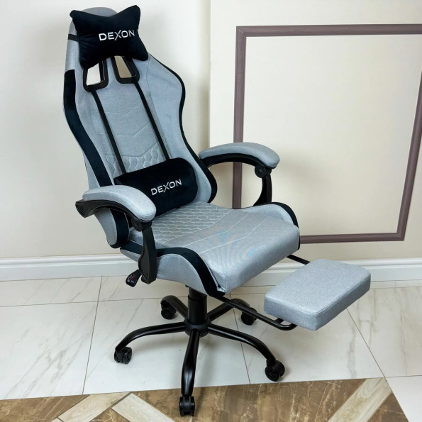 Геймерське крісло з підставкою для ніг з тканини та велюровими подушками сіре -
                                                        Фото 4