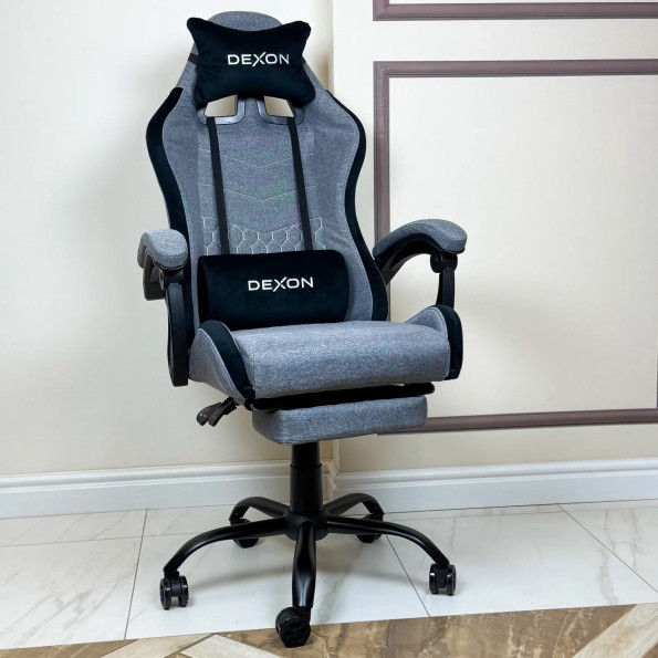 Геймерское кресло с подставкой для ног с ткани и велюровыми подушками темно-серое -
                                                        Фото 3