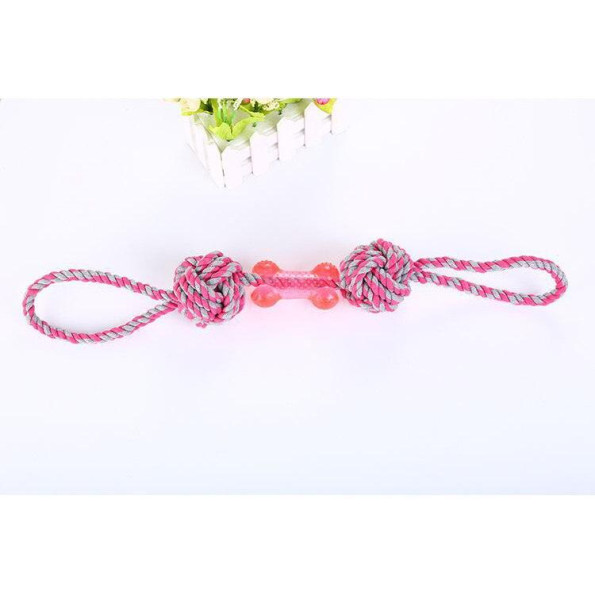 Іграшка для собак канатна з кульками та селіконовою кісточкою, малинова 40см  -
                                                        Фото 2