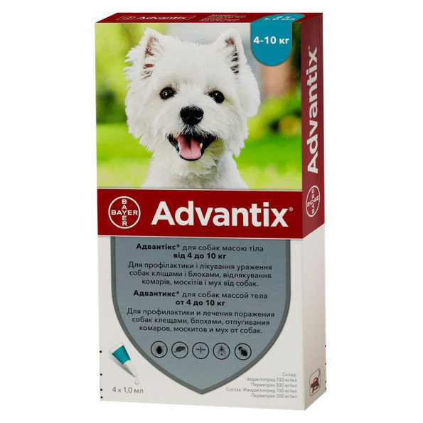 Advantix Краплі від бліх та кліщів для собак вагою 4-10кг 1амп.1,0мл Advantix Краплі від бліх та кліщів для собак вагою 4-10кг 1амп.1,0мл