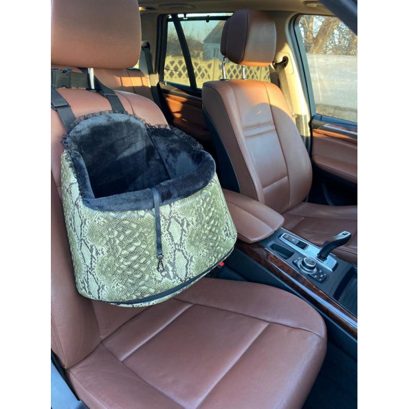 Автокрісло для собак і кішок у машину Maralis чорний плюш та зелений пітон  -
                                                        Фото 2