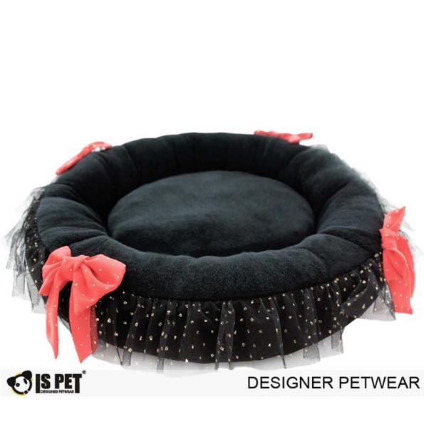 Лежанка для собак і кішок Is Pet Gliter ribbon bed чорного кольору плюшева з мереживом та бантиками Лежанка для собак і кішок Is Pet Gliter ribbon bed чорного кольору плюшева з мереживом та бантиками