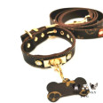 Брендовый ошейник и поводок для собак LOUIS VUITTON с камнями и косточкой, коричневый
