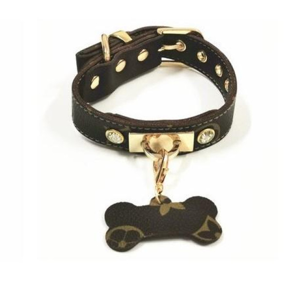 Брендовый ошейник и поводок для собак LOUIS VUITTON с камнями и косточкой, коричневый -
                                                        Фото 3