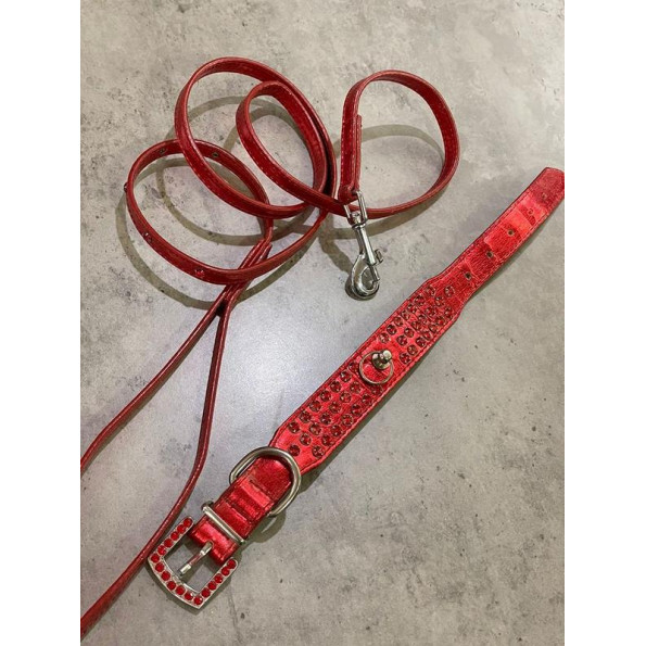 Ошейник с поводком для собак For My Dogs 3 ряда камней лаковый красный 2,5*30см Ошейник с поводком для собак For My Dogs 3 ряда камней лаковый красный 2,5*30см