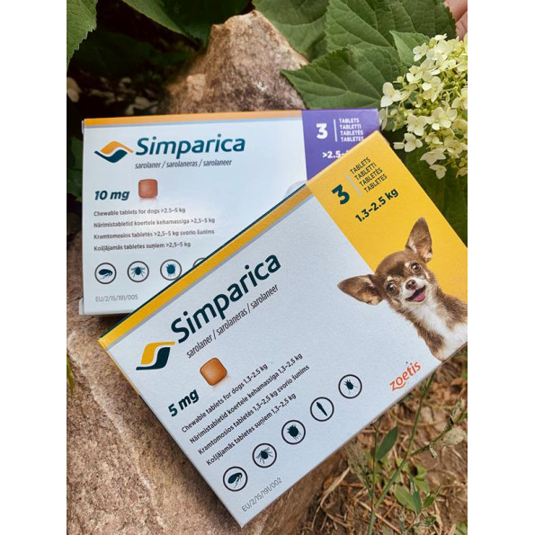 Таблетки Simparica Симпарика от блох и клещей для собак от 1,3 до 2,5кг, 5мг/1табл.