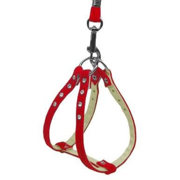 Шлея для маленьких собак кожаная с велюровым покрытием Mirage Pet с камушками, красный Шлея для маленьких собак кожаная с велюровым покрытием Mirage Pet с камушками, красный