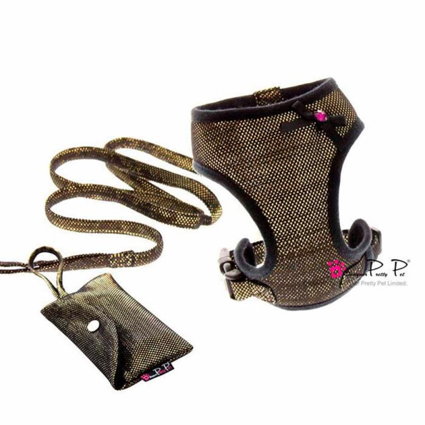 Шлея для собак Pretty Pet тканевая, нейлоновые ремешки, с поводком Bling-bling, золотой Шлея для собак Pretty Pet тканевая, нейлоновые ремешки, с поводком Bling-bling, золотой