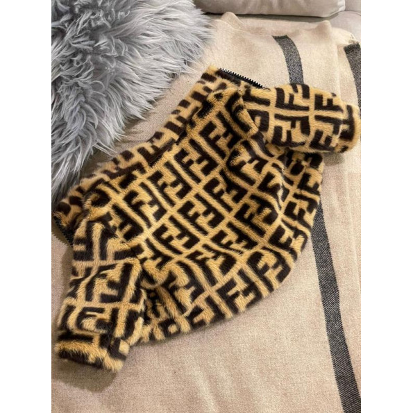 Брендова шуба для собак FENDI зі штучного хутра на шовковій підкладці без капюшона, коричнева 2XL