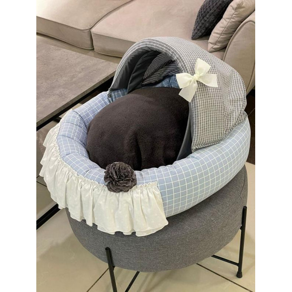 Лежанка люлька для собак Boris House Baby Cradle з коричневим плюшевим матрацом та блакитною кліткою 