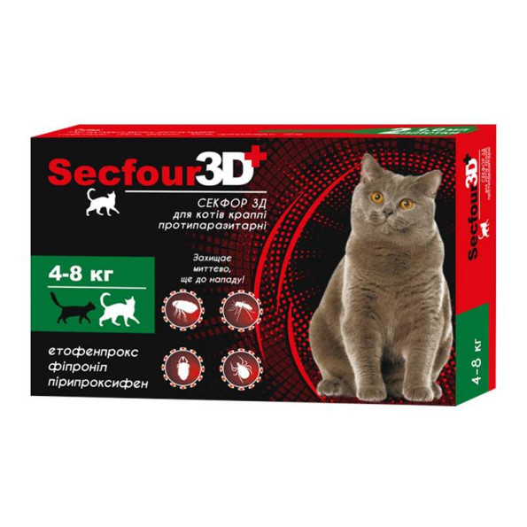 Secfour 3D краплі для котів протипаразитні (этофенпрокс/фіпроніл/пірипроксифен) 1 мл, 4-8кг 
