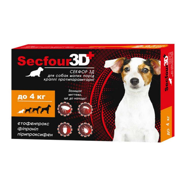 Secfour 3D краплі для собак протипаразитні від бліх та кліщів (этофенпрокс/фіпроніл/пірипроксифен) до 4кг Secfour 3D краплі для собак протипаразитні від бліх та кліщів (этофенпрокс/фіпроніл/пірипроксифен) до 4кг