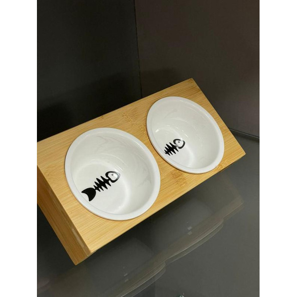 Дерев\'яна підставка під керамічні миски для собак та котів 23*12*4см, коричнева  -
                                                        Фото 2