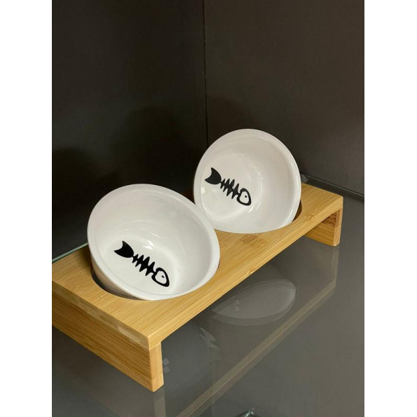 Дерев\'яна підставка під керамічні миски для собак та котів 23*12*4см, коричнева  -
                                                        Фото 3