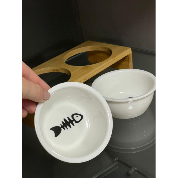 Дерев\'яна підставка під керамічні миски для собак та котів 23*12*4см, коричнева  -
                                                        Фото 4