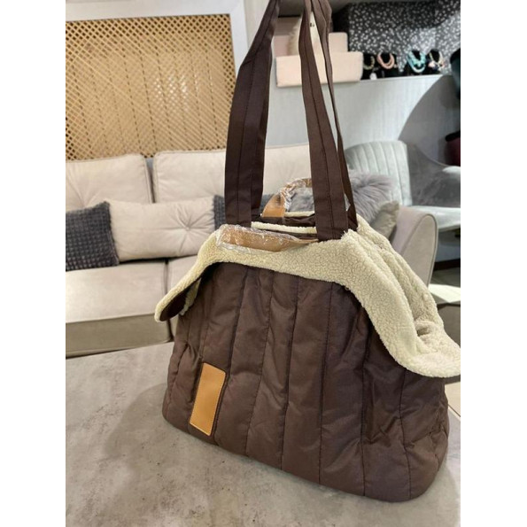 Універсальна сумка-перенесення для собак з 3 видами ручок і знімним ЗИМНИМ ЧОХЛОМ, горизонтальна прошивка, ультралегка, коричнева  -
                                                        Фото 5