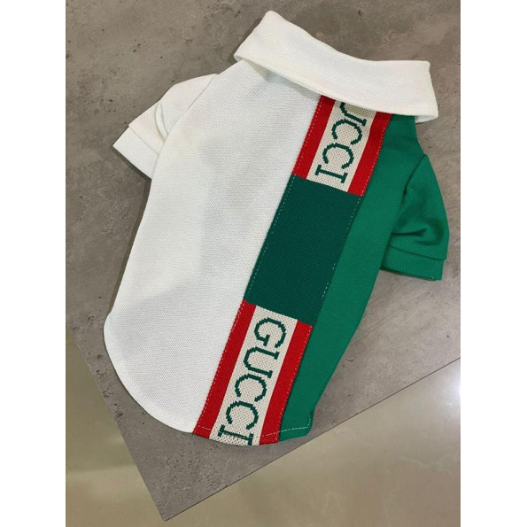 Брендовая футболка поло для собак Gucci с зеленой полосой хлопок белая M