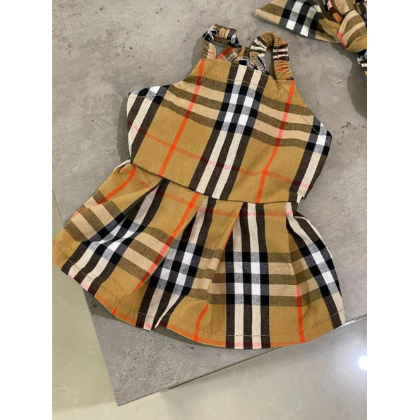 Брендовое летнее платье для собак Burberry на брительках, с ободком на затяжке, коричневое M