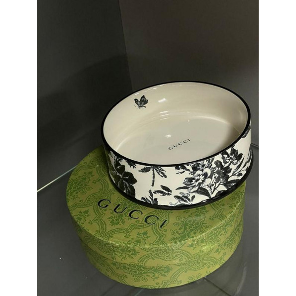 Брендовая керамическая миска для животных собак и котов GUCCI с цветами, синяя -
                                                        Фото 4